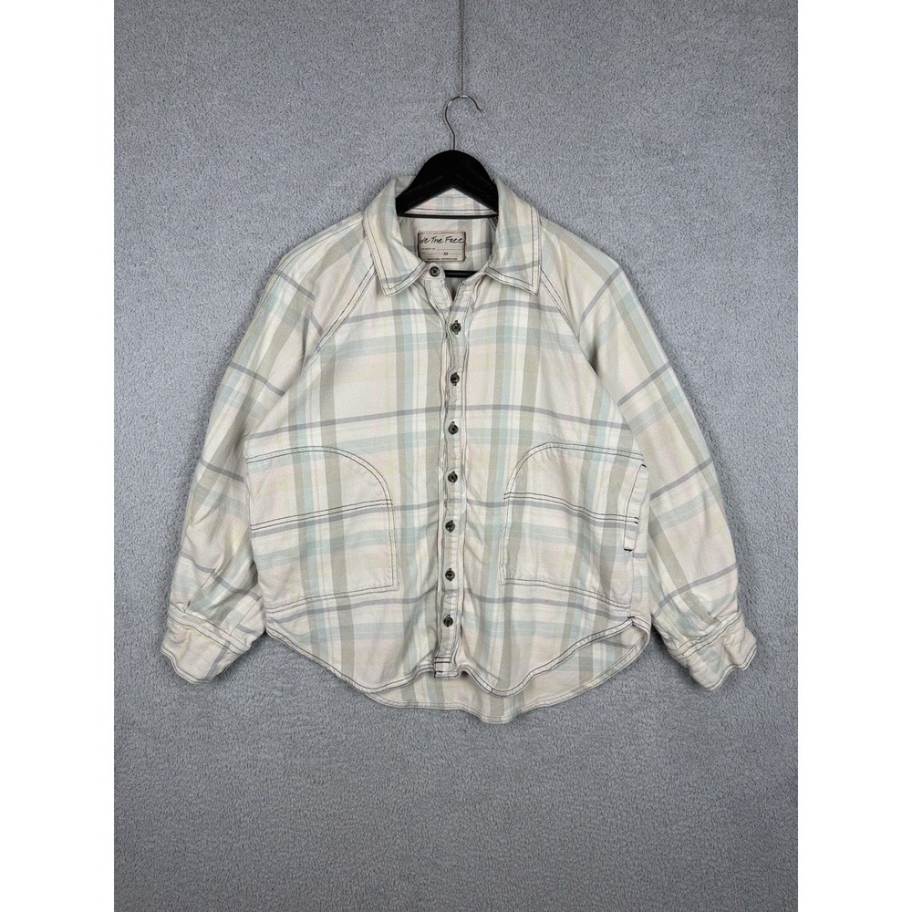 Free People Girl Meets Boy Plaid Shirt Size XS Green Cream Fleece Button Down